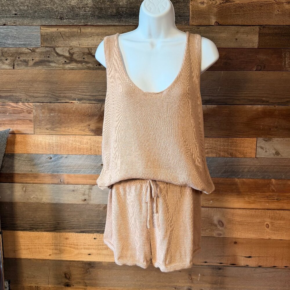 Ekouaer Cozy Knit Lux Lounge Set Beige Tank and Shorts Minimalist Chic Sz S